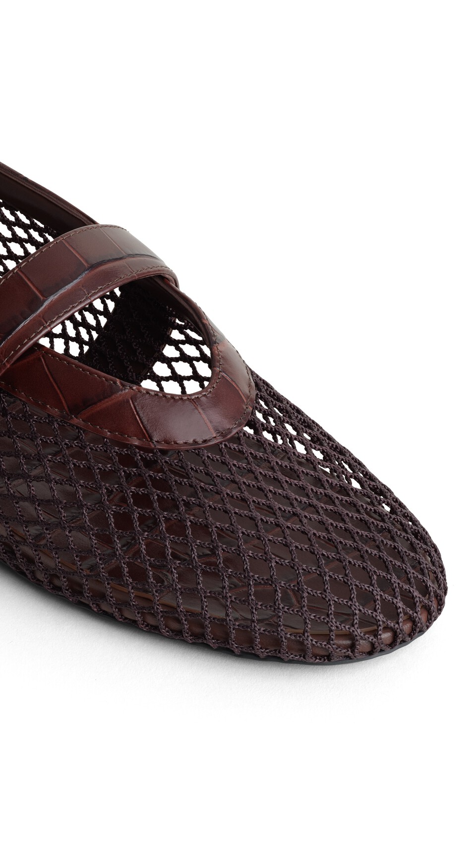 ALA&Iuml;A BALLET FLATS IN FISHNET AND CROCODILE EMBOSSED CALFSKIN DARK BROWN - View 3