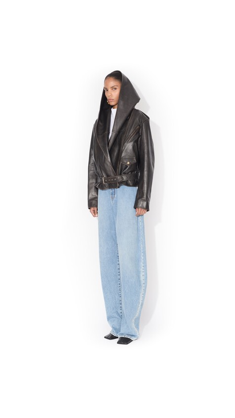 ALA&Iuml;A LEATHER HOODED BIKER JACKET EBENE - View 2