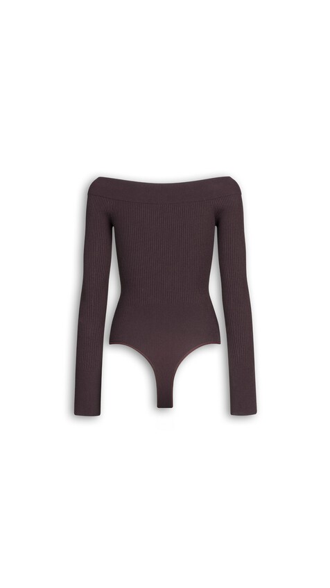 ALA&Iuml;A KNIT OFF-SHOULDER BODYSUIT EGGPLANT - View 2