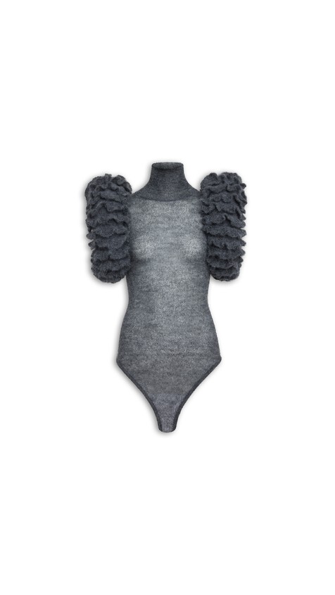 MOHAIR KNIT SCULPTURAL RUFFLE BODYSUIT