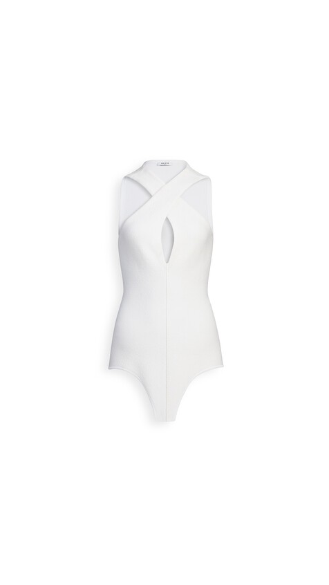 ALA&Iuml;A CROSS-FRONT KNIT BODYSUIT NATURAL WHITE