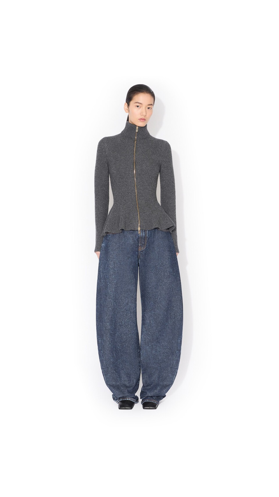 ALA&Iuml;A PEPLUM KNITTED CARDIGAN DARK GREY - View 2