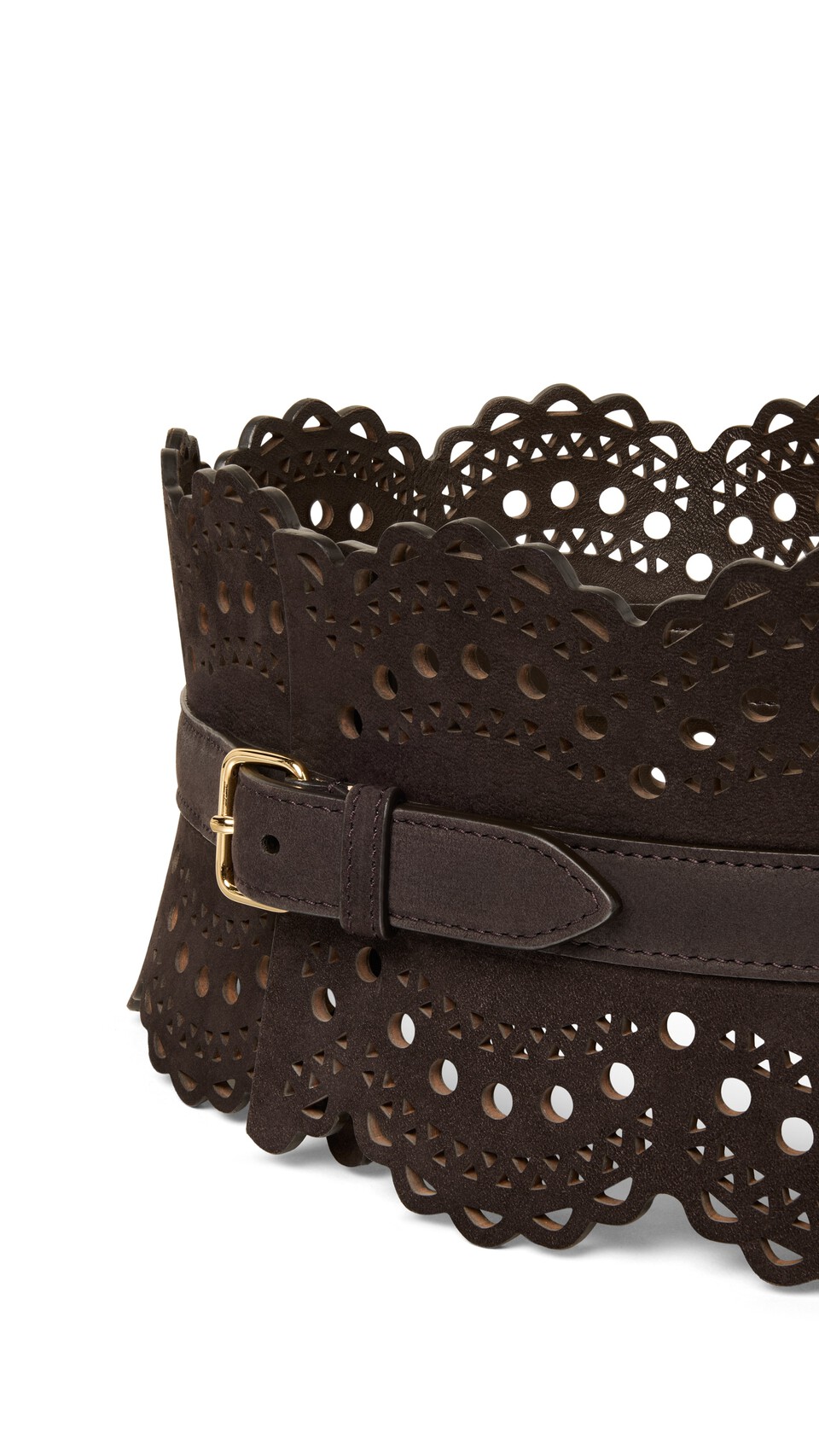 ALA&Iuml;A BUSTIER BELT IN PERFORATED VIENNE NUBUCK SMOKE BROWN - View 3