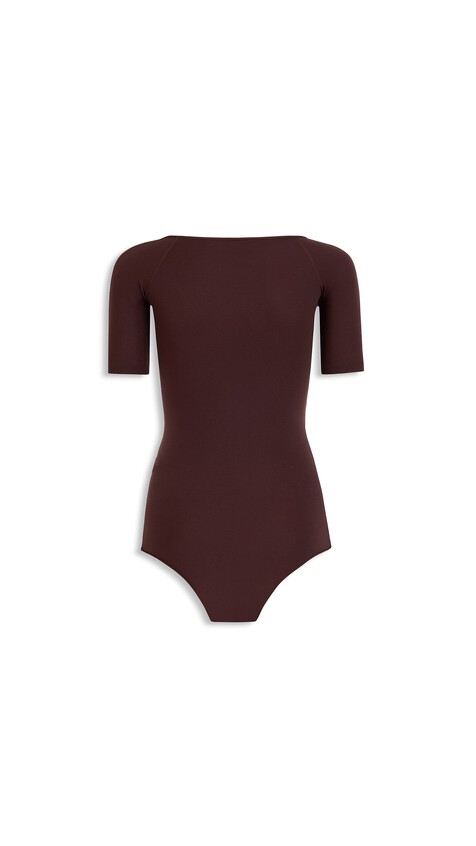 ALA&Iuml;A SHORT SLEEVES SECOND-SKIN KNIT BODYSUIT CHOCOLATE - View 2