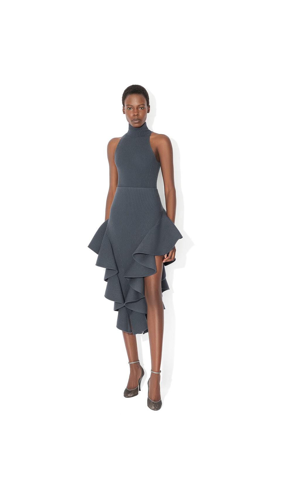 ALA&Iuml;A RIBBED HALTER NECK TOP BLUE GREY - View 2