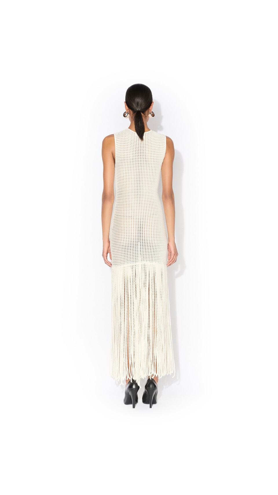 ALA&Iuml;A FRINGED BEADED KNIT DRESS NATURAL WHITE - View 3