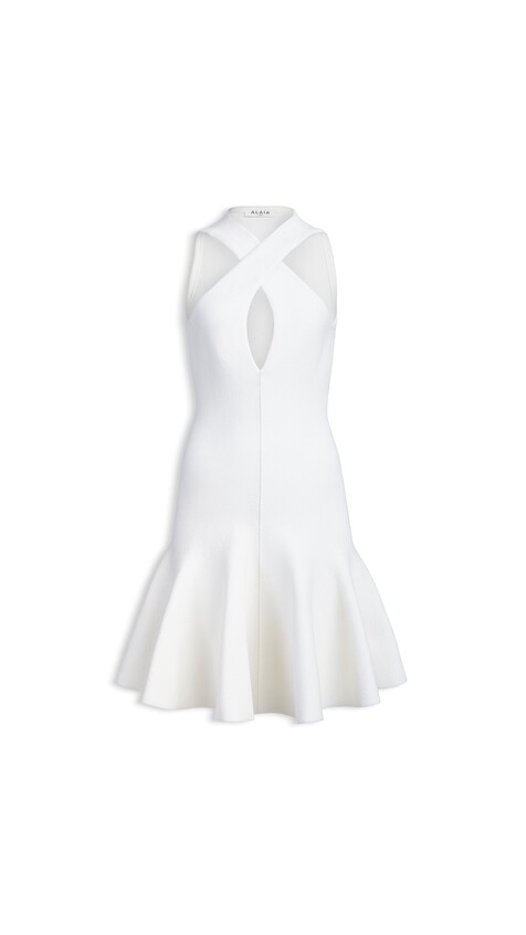 ALA&Iuml;A CROSS-FRONT KNIT DRESS NATURAL WHITE