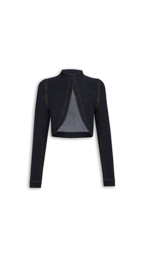 DENIM KNIT CROPPED CUT-OUT JACKET