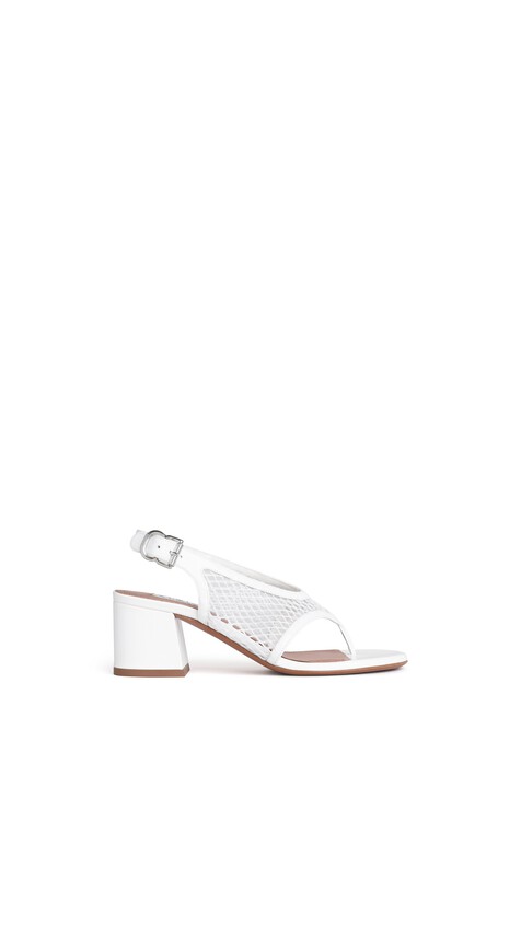 ALA&Iuml;A FISHNET HEEL SANDALS IN PATENT LEATHER OPTICAL WHITE