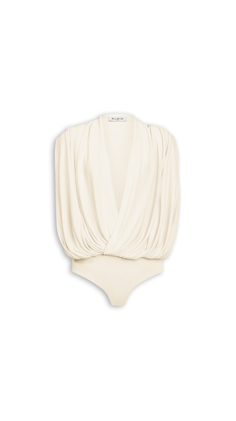 ALA&Iuml;A HOODED VISCOSE BODYSUIT PANNA COTTA