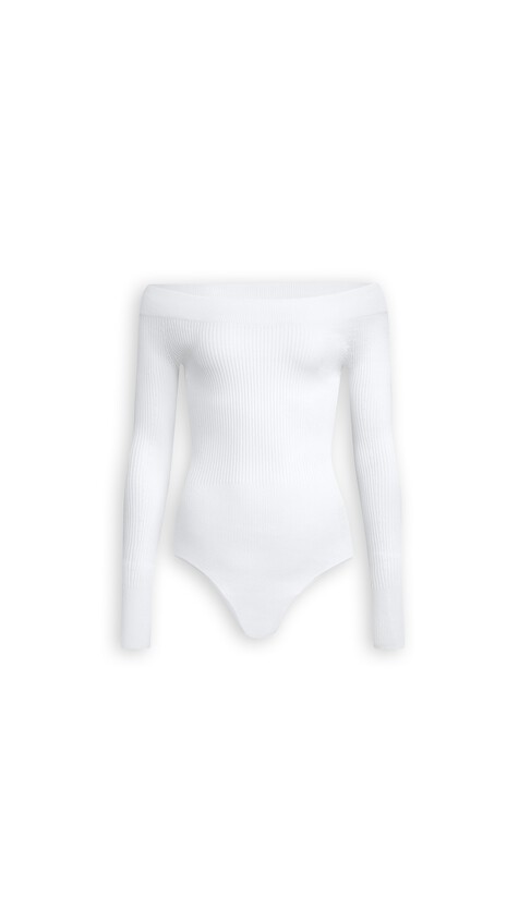 ALA&Iuml;A SCULPTING RIB KNIT OFF-SHOULDER BODYSUIT WHITE