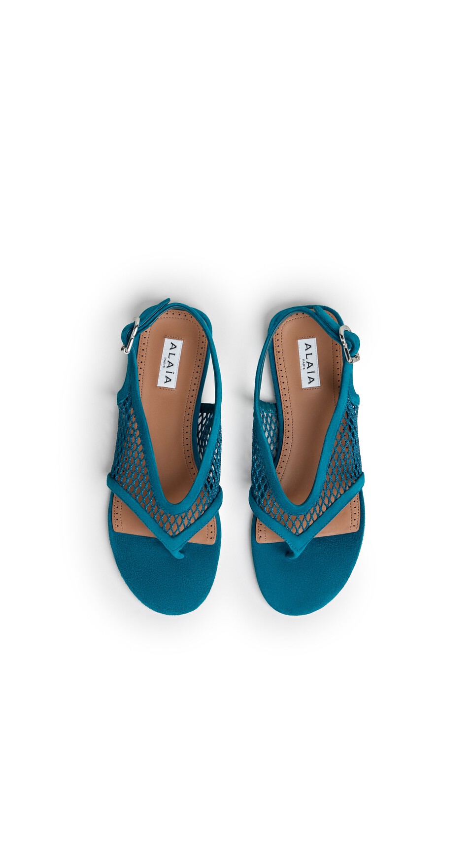 ALA&Iuml;A FISHNET THONG SANDALS IN SUEDE CHINA BLUE - View 4