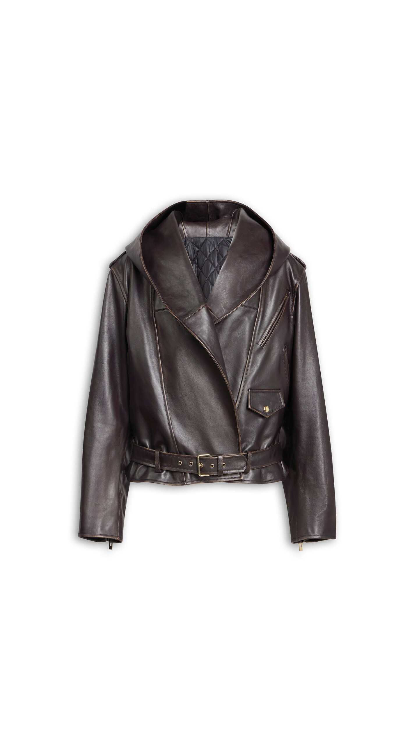ALA&Iuml;A LEATHER HOODED BIKER JACKET EBENE