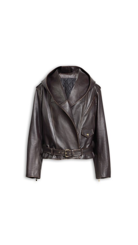 ALA&Iuml;A LEATHER HOODED BIKER JACKET EBENE