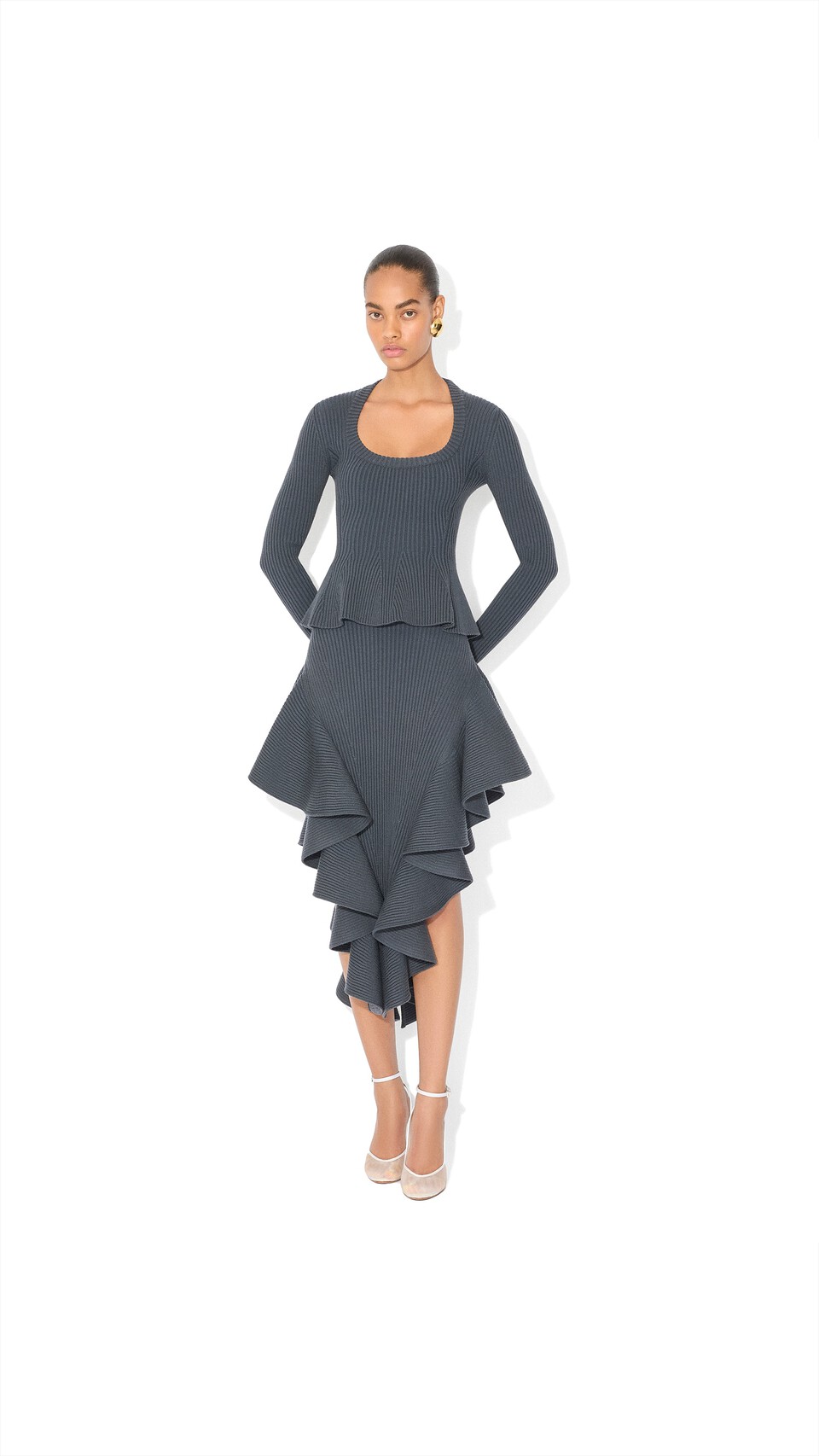 ALA&Iuml;A RIBBED PEPLUM TOP BLUE GREY - View 2
