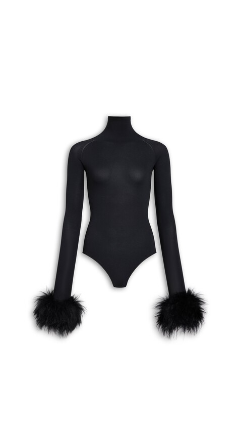 FUR CUFF SECOND-SKIN KNIT BODYSUIT