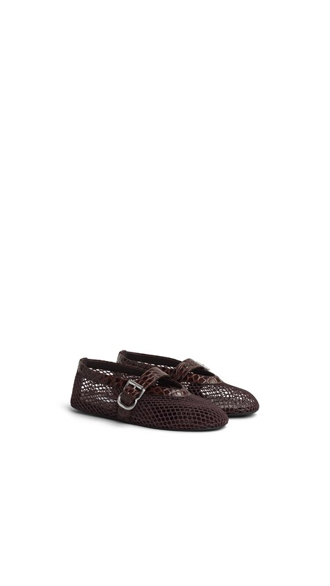 ALA&Iuml;A BALLET FLATS IN FISHNET AND CROCODILE EMBOSSED CALFSKIN DARK BROWN - View 2