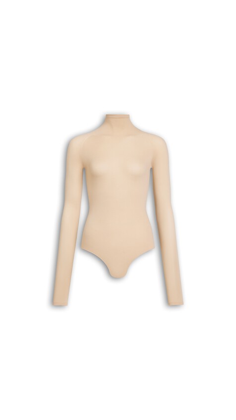 ALA&Iuml;A HIGH NECK SECOND-SKIN KNIT BODYSUIT BEIGE