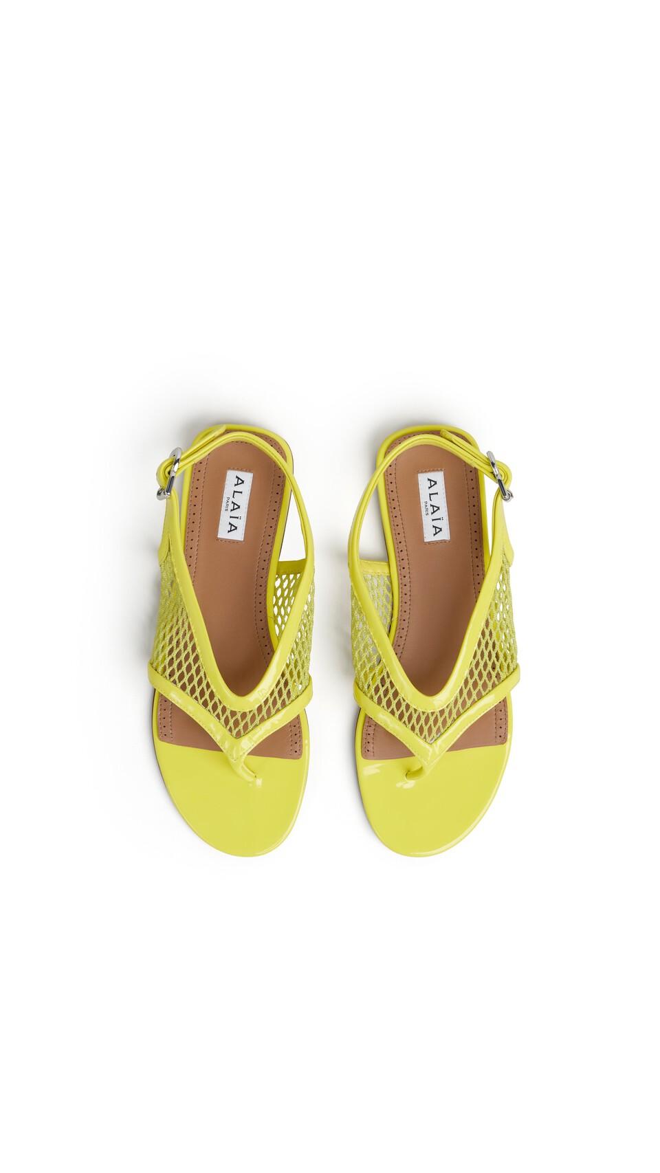 ALA&Iuml;A FISHNET THONG SANDALS IN PATENT LEMON YELLOW - View 4