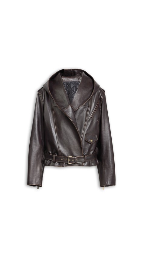 ALA&Iuml;A LEATHER HOODED BIKER JACKET EBENE