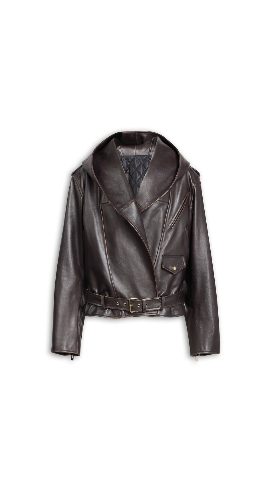 ALA&Iuml;A LEATHER HOODED BIKER JACKET EBENE