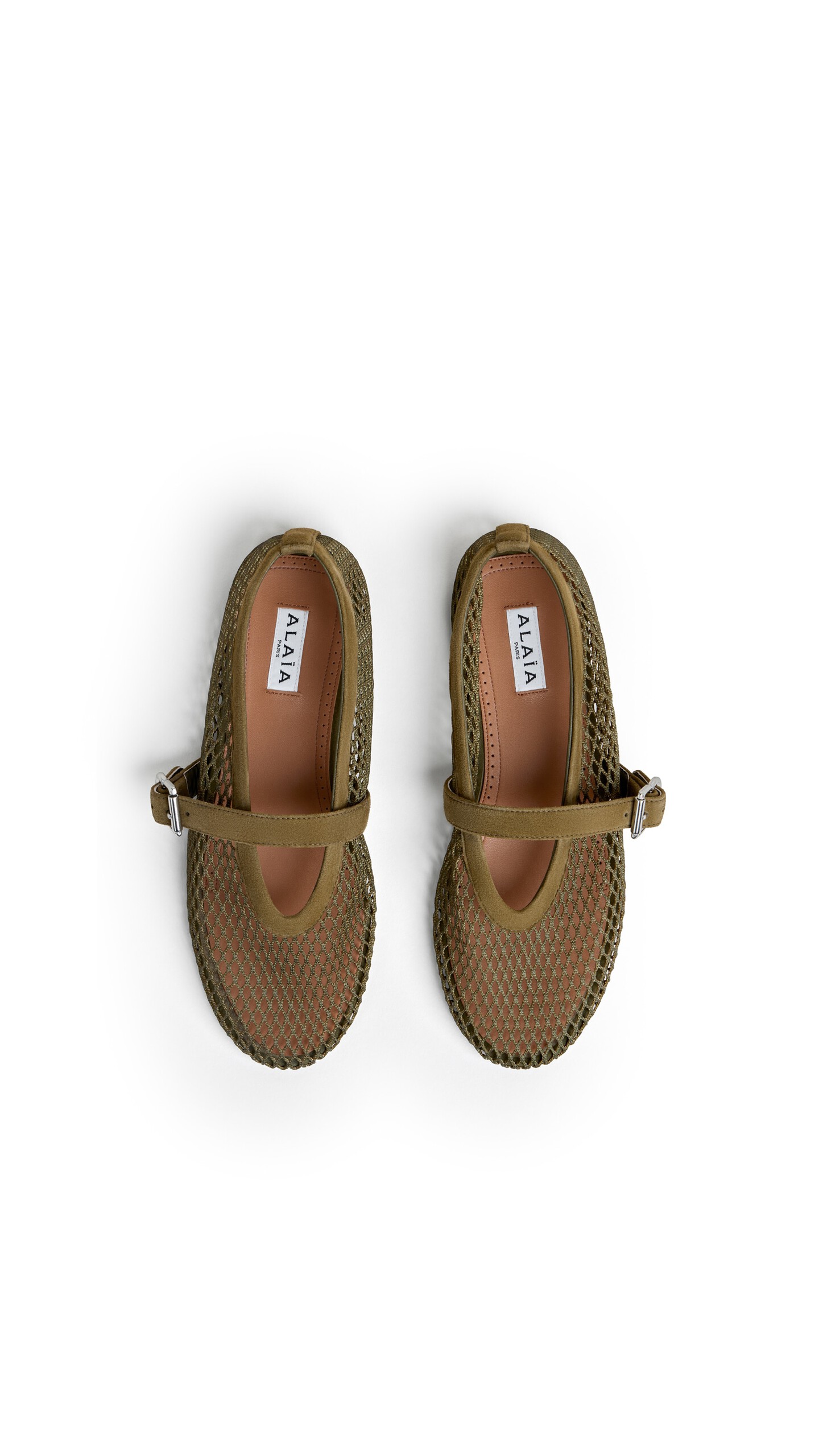 ALA&Iuml;A BALLET FLATS IN FISHNET AND SUEDE KAKI - View 4
