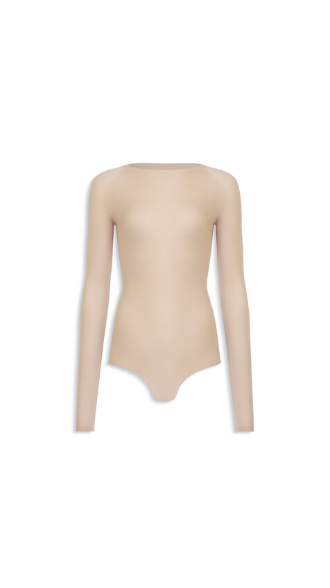 ALA&Iuml;A ROUND NECK SECOND-SKIN KNIT BODYSUIT BEIGE