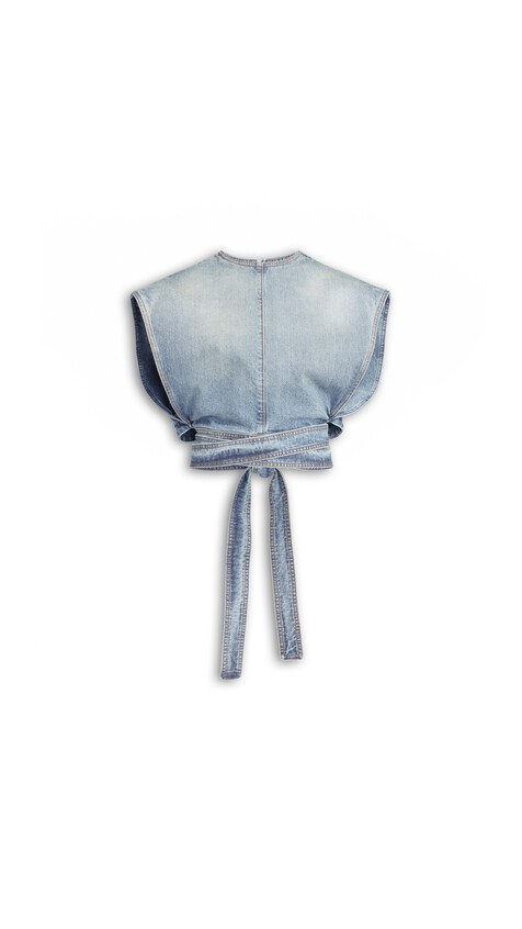 ALA&Iuml;A BELTED DENIM TOP FADED BLUE