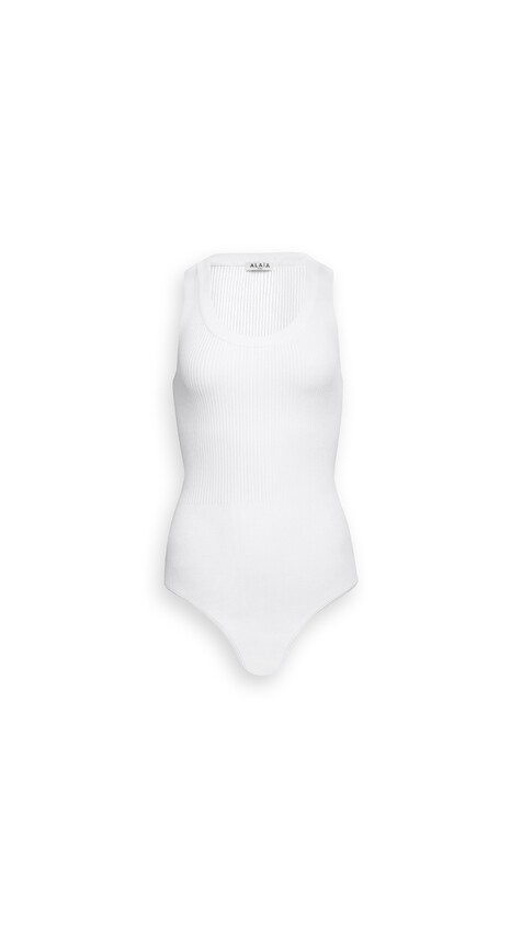ALA&Iuml;A SLEEVELESS RIBBED KNIT BODYSUIT WHITE