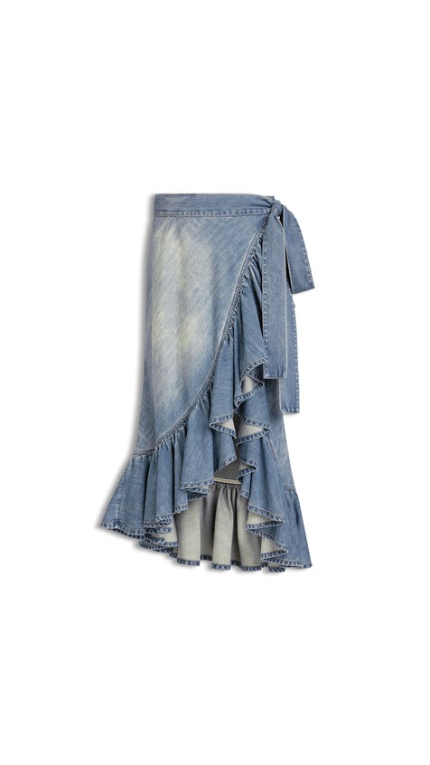 ALA&Iuml;A DENIM RUFFLE SKIRT FADED BLUE