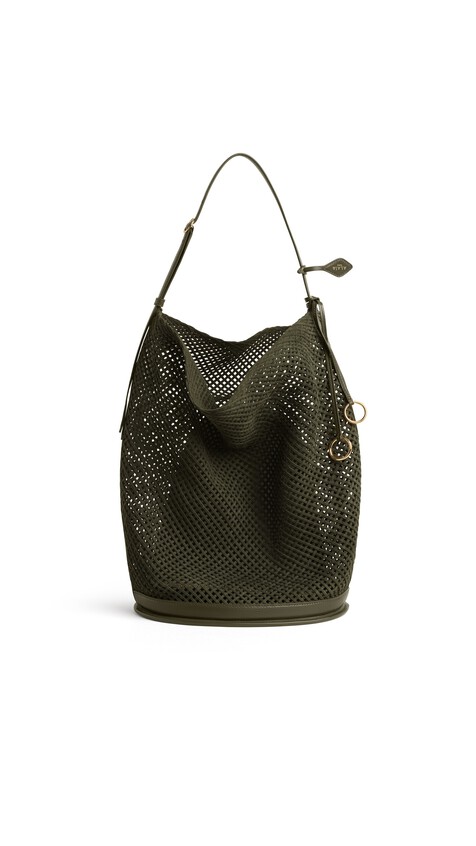 ALA&Iuml;A HIP LARGE BUCKET BAG IN SUEDE NET KAKI