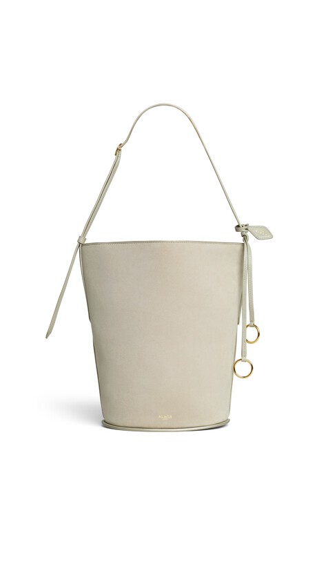 ALA&Iuml;A HIP SMALL BUCKET BI-MATERIAL BAG IN LEATHER BEIGE GREY