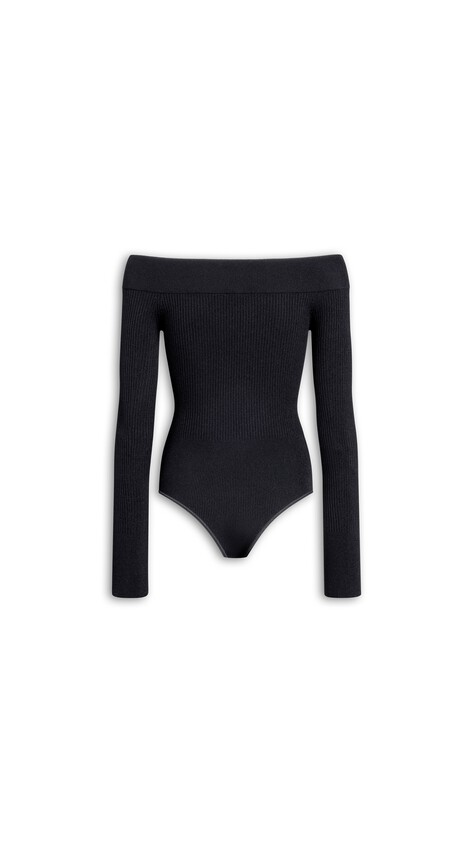 ALA&Iuml;A SCULPTING RIB KNIT OFF-SHOULDER BODYSUIT BLACK - View 2