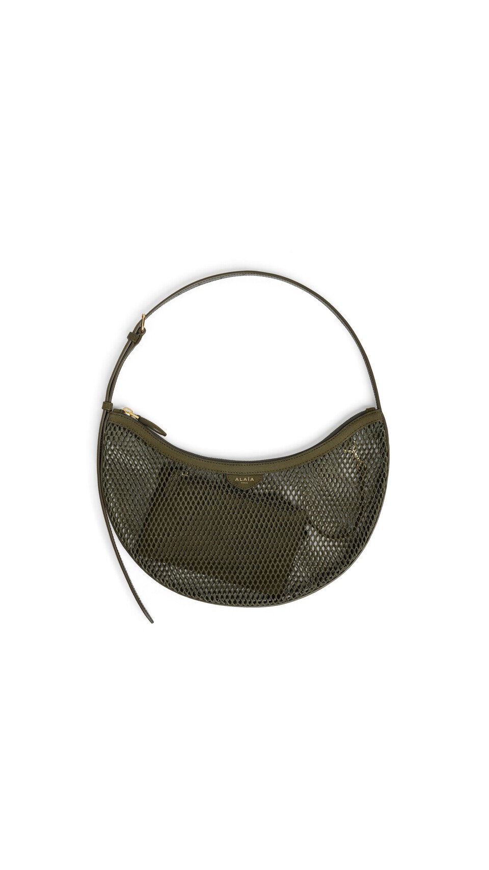 ALA&Iuml;A ONE PIECE DEMI LUNE BAG IN FISHNET AND SUEDE KAKI
