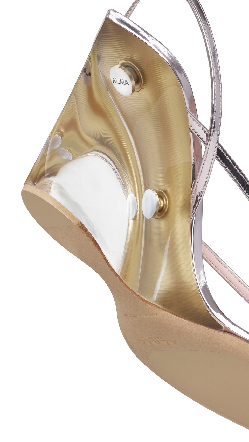 ALA&Iuml;A INVISIBLE THONG SANDALS IN MIRROR CALFSKIN BLUSH/SILVER - View 4