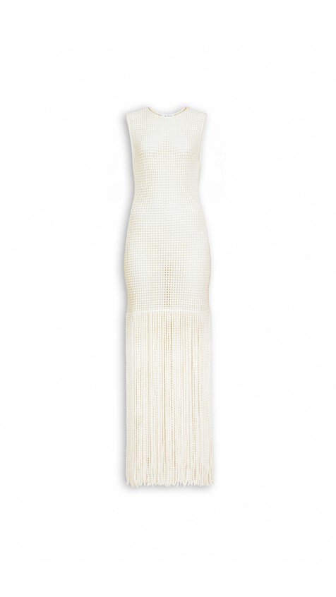 ALA&Iuml;A FRINGED BEADED KNIT DRESS NATURAL WHITE