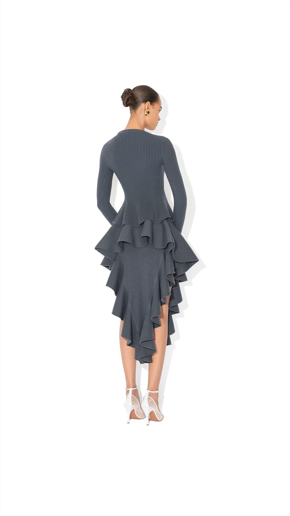 ALA&Iuml;A RIBBED PEPLUM TOP BLUE GREY - View 3