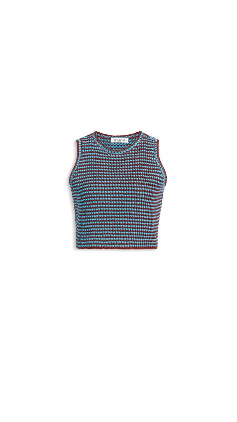 ALA&Iuml;A CROCHET KNIT CROP TOP BURGUNDY/BLUE