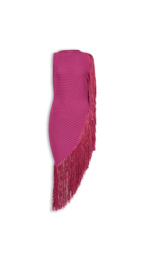 ALA&Iuml;A ASYMMETRIC FRINGED DRESS GARNET