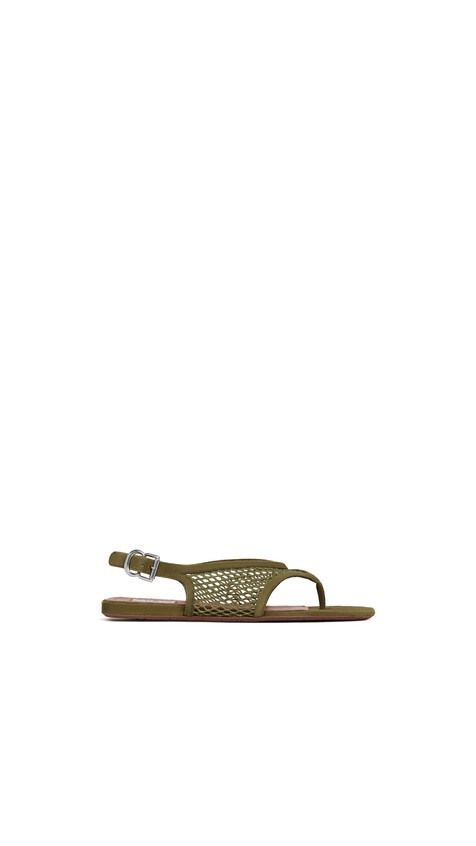 ALA&Iuml;A FISHNET THONG SANDALS IN SUEDE KAKI