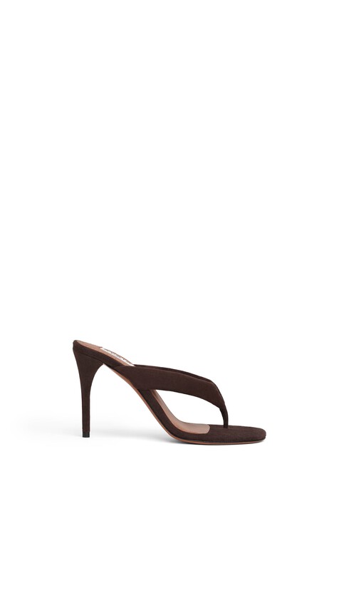 ALA&Iuml;A HEEL THONG MULES IN SUEDE DARK BROWN
