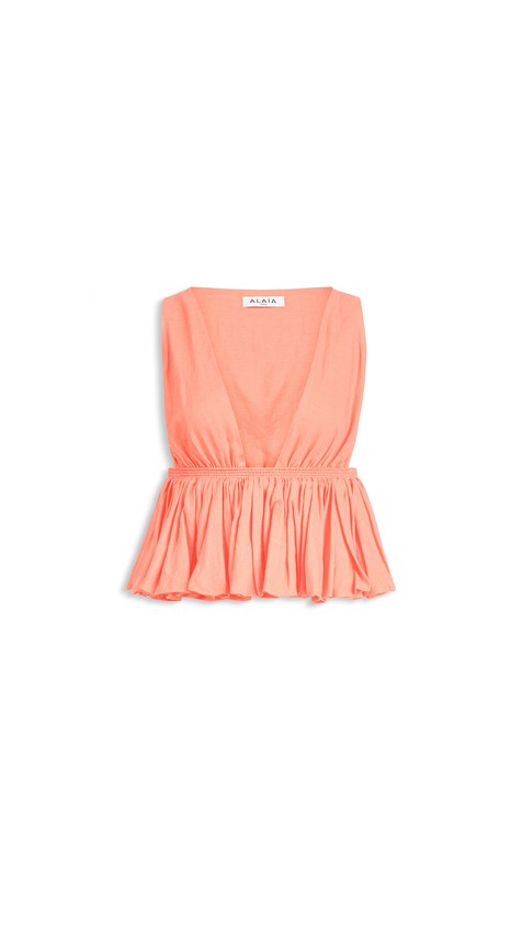 ALA&Iuml;A COTTON LINEN BLEND PEPLUM TOP CORAL