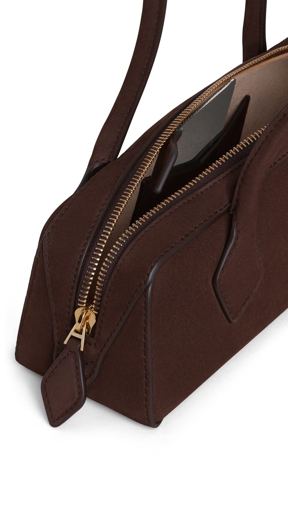 ALA&Iuml;A LE TECKEL SMALL BAG IN NUBUCK BROWN/GOLD - View 3