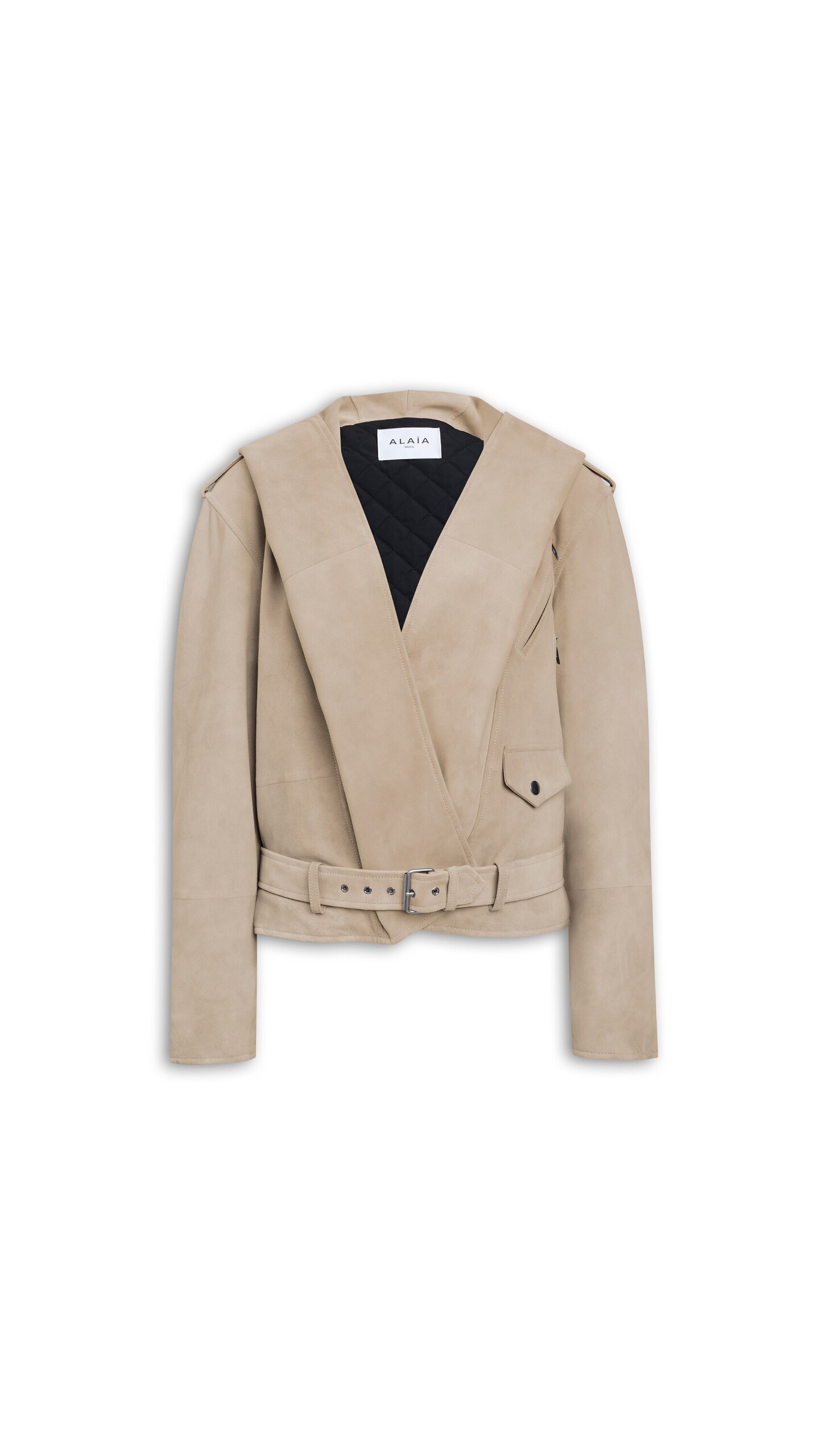 ALA&Iuml;A SUEDE HOODED BIKER JACKET BEIGE