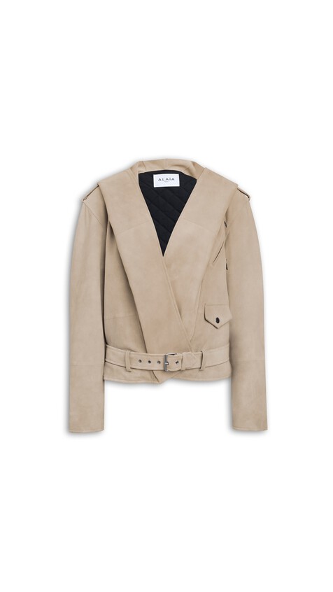 ALA&Iuml;A SUEDE HOODED BIKER JACKET BEIGE