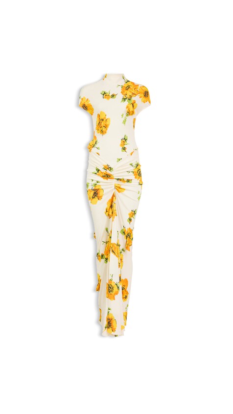 ALA&Iuml;A DRAPED PRINTED DRESS WHITE/YELLOW