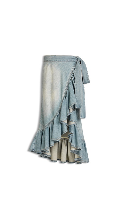 ALA&Iuml;A DENIM RUFFLE SKIRT FADED BLUE