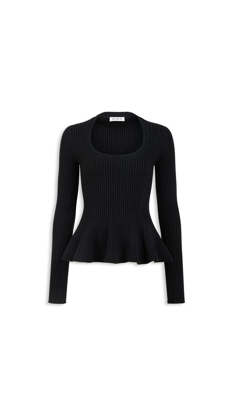 ALA&Iuml;A RIBBED PEPLUM TOP BLACK