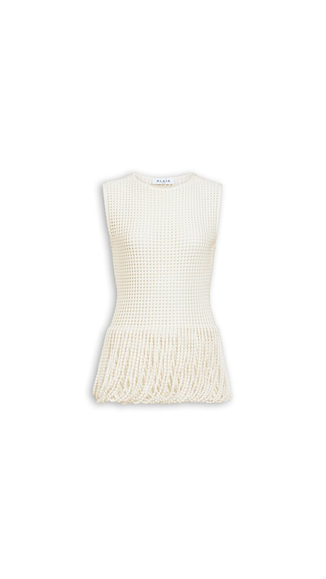 ALA&Iuml;A BEAD KNIT PEPLUM TOP NATURAL WHITE