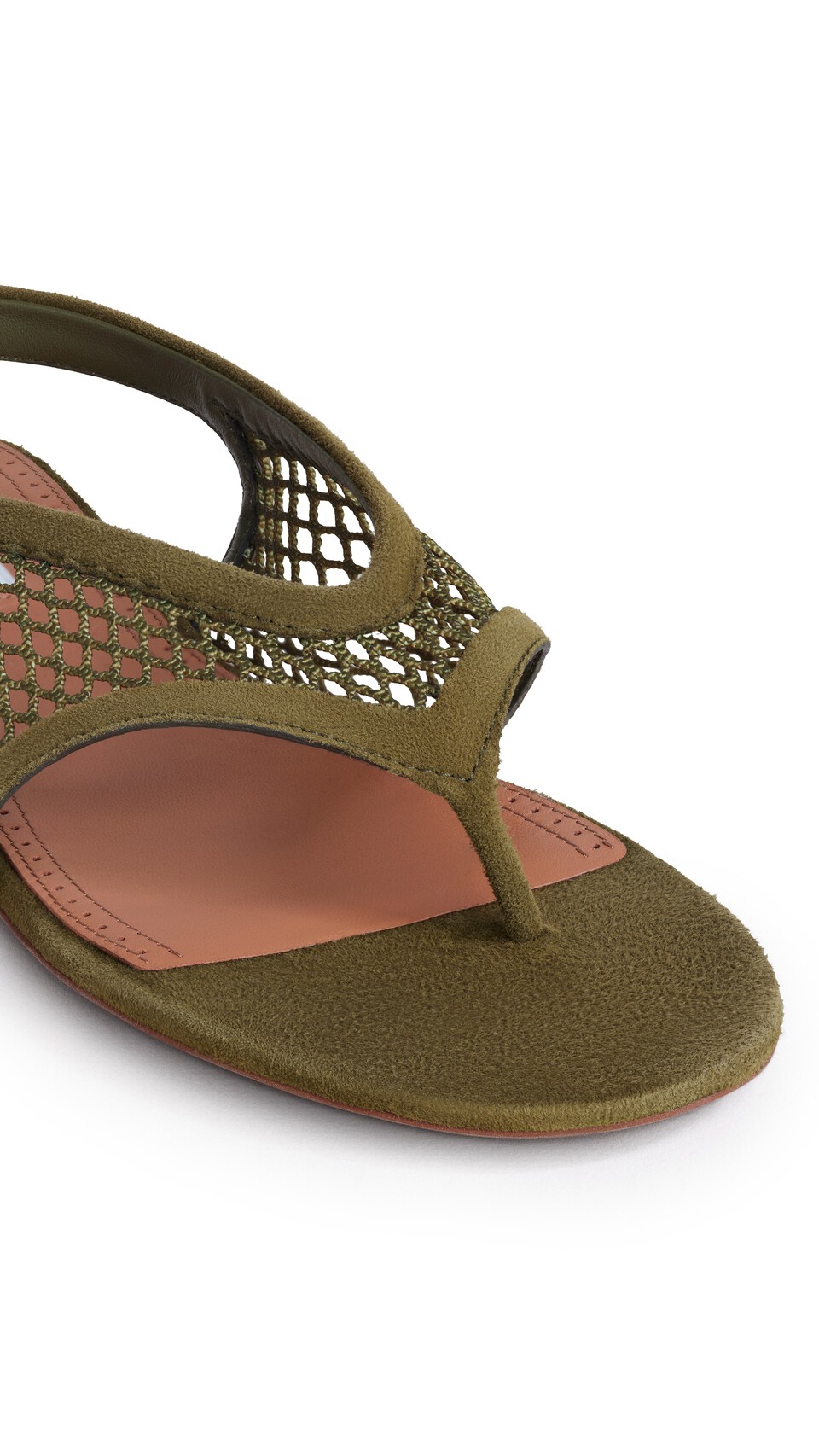ALA&Iuml;A FISHNET THONG SANDALS IN SUEDE KAKI - View 3